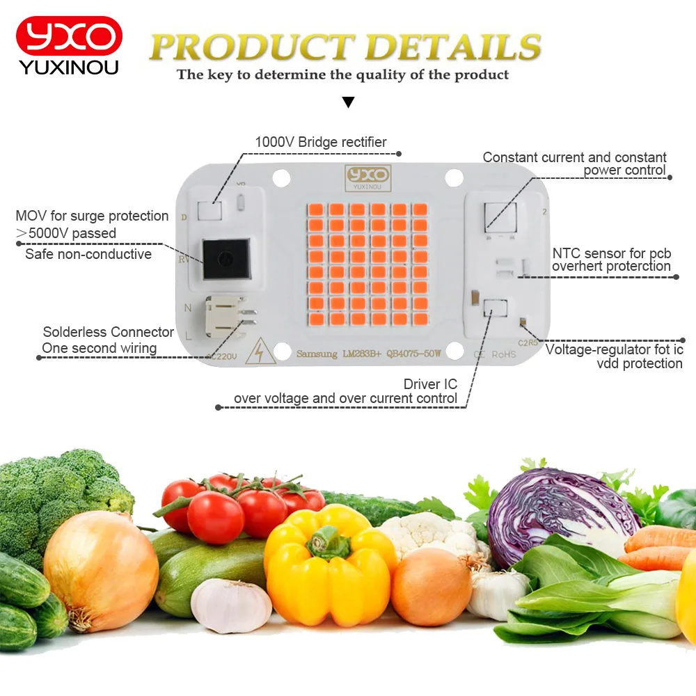 50W Driverless DOB LED Chip AC 220V LED Grow Light Full Spectrum LED Phyto Lamp for Growth Flower Seedling Plant Light