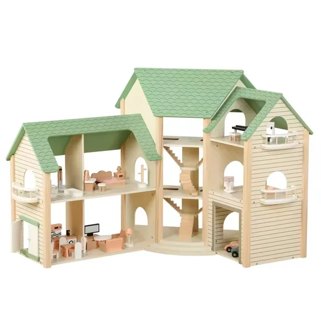 new wooden toy DIY dollhouse with colorful dolls & furnitures children pretend play large doll house