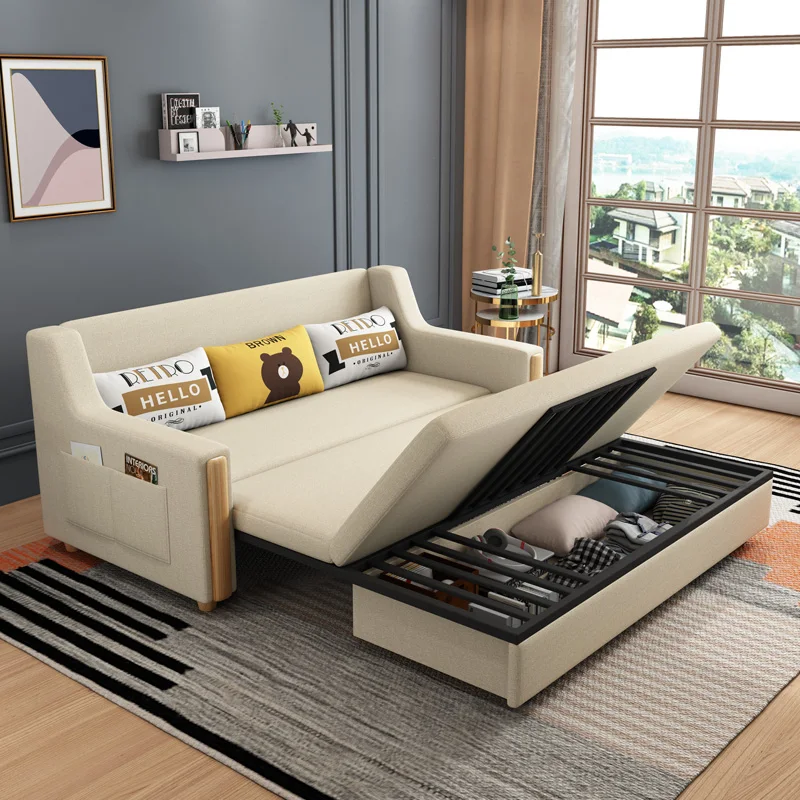 Modern Living Room Sofas Cum Bed with Storage Fabric Iron Frame Folding  Sofa Bed