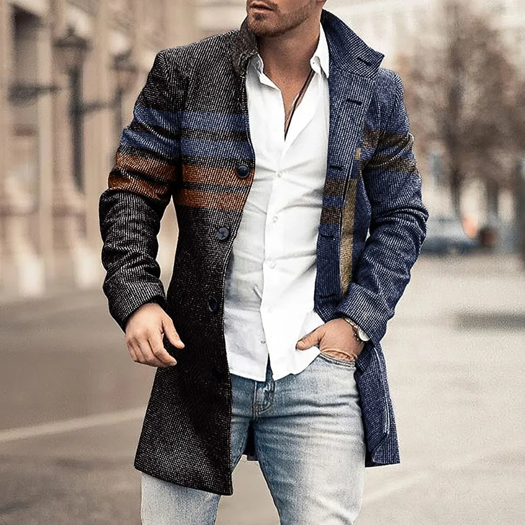 Custom Luxury Trench Coats Overcoat Men Warm Winter Long Men Coat Piece  Stand Woven 100% Polyester Print