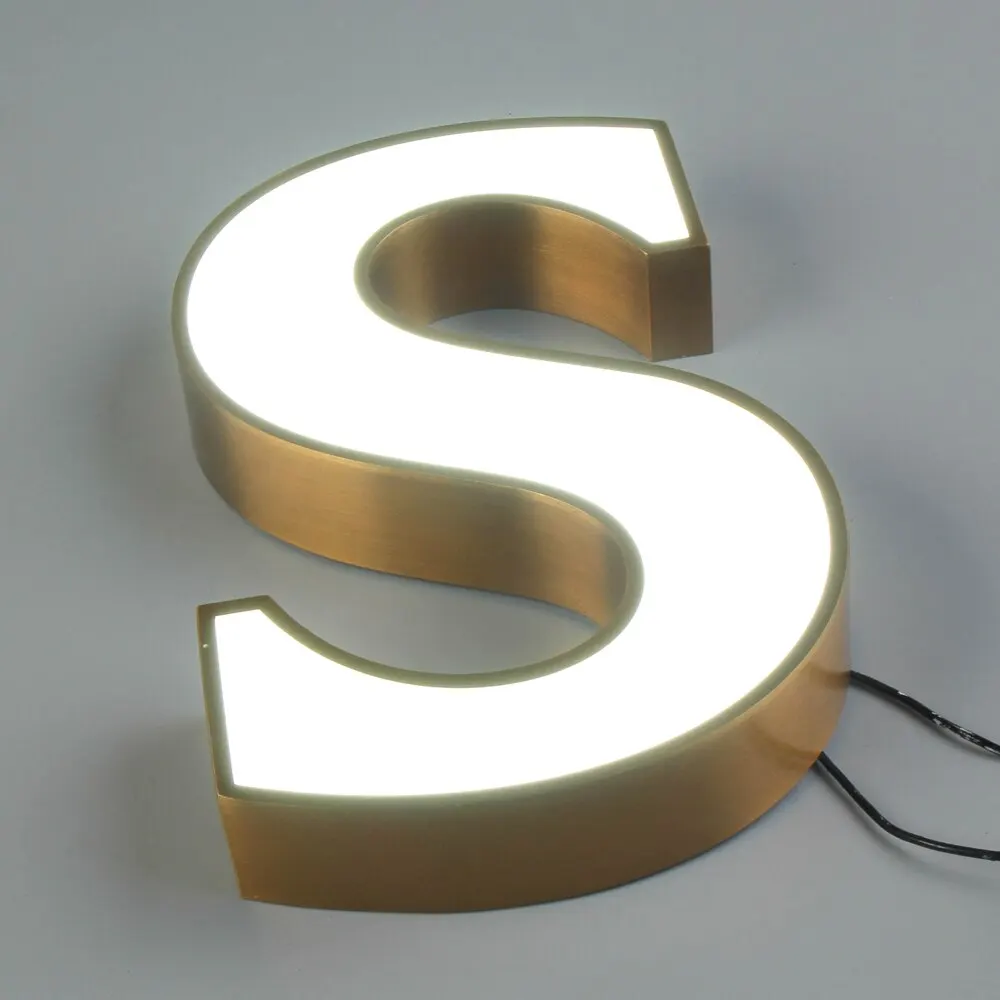 3D LED Gold Brushed Stainless Steel Front-lit Sign, Outdoor Building Commercial Acrylic Light-up Signage.