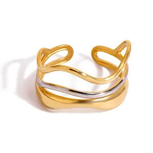 MW Women's Two Tone 18K Gold-Plated Stainless Steel Multi-Layer Water Wave Ring, Adjustable and Versatile Open Ring
