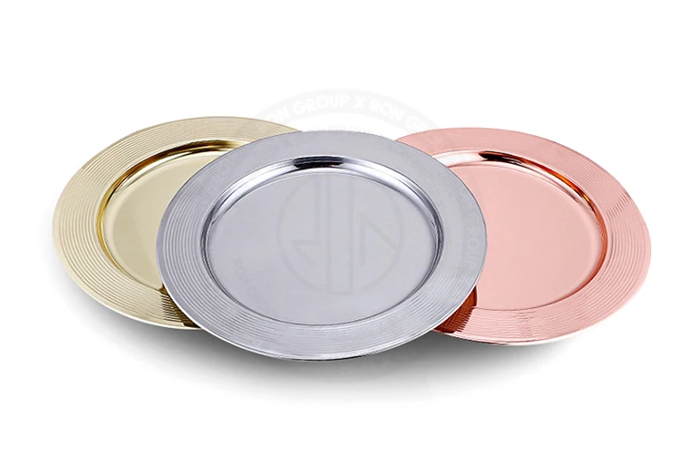 European flat restaurant tray dinnerware stainless steel serving dishes for wedding colored round charger plate wholesale