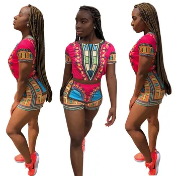 Womens Clothing Short Sleeve Sexy Two Piece Outfits for women Bodycon African Print Two Piece Set for Lady Sexy Candy Color