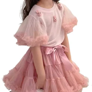 Customize Summer Tulle Ruffle Sleeve O-neck Girls T-shirts Bow Puffy Skirts Two Pieces Girls Clothing Sets