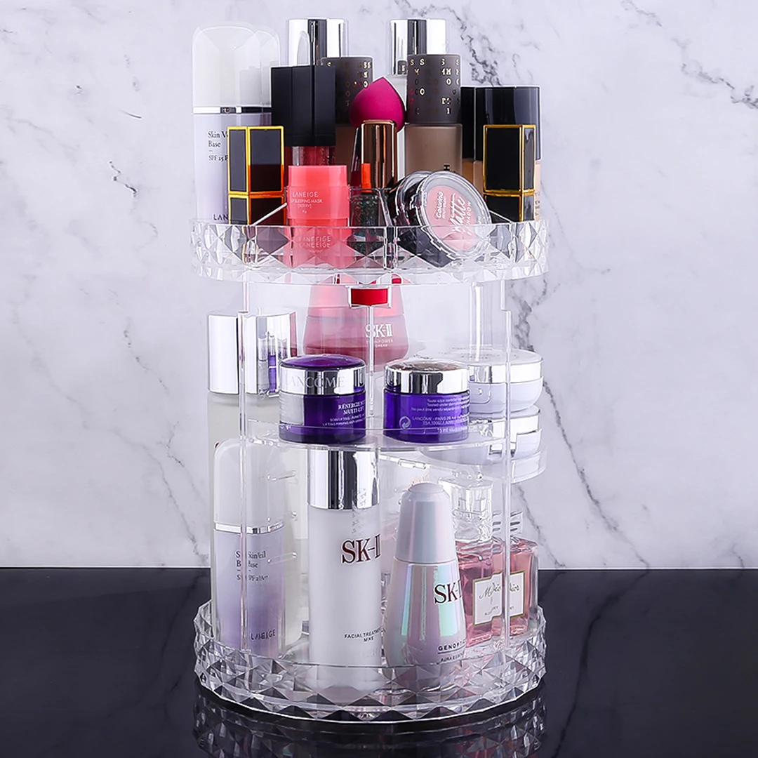 DIY Adjustable Cosmetics Caddy Shelf Organizer Box Carousel Spinning Holder Storage Rack 360 Rotating Makeup Organizer