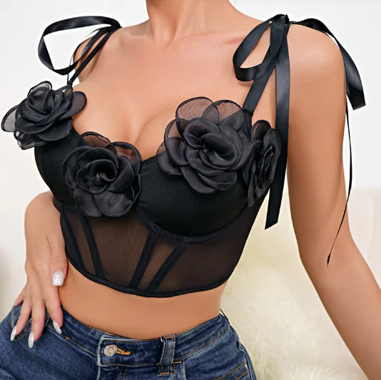 Y04334 black floral corset top front view