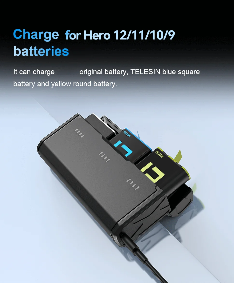 Telesin Pocket size 3-slot charger box with 2pcs Stamina battery for Go Pro Hero9/10/11/12 -- Go Pro battery