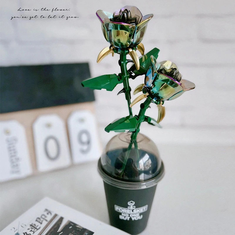 Decool Bouquet of Back Rose Home Decoration Artificial Building Blocks Flowers Gift for Anniversary and Valentines Day