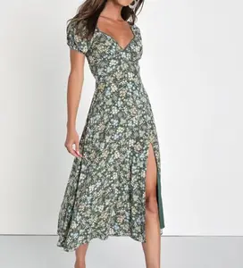 Vintage Casual Maxi Dress Short Sleeve Floral Print Breathable Woven Natural Waistline Digital Printing Ruffles Washable ODM