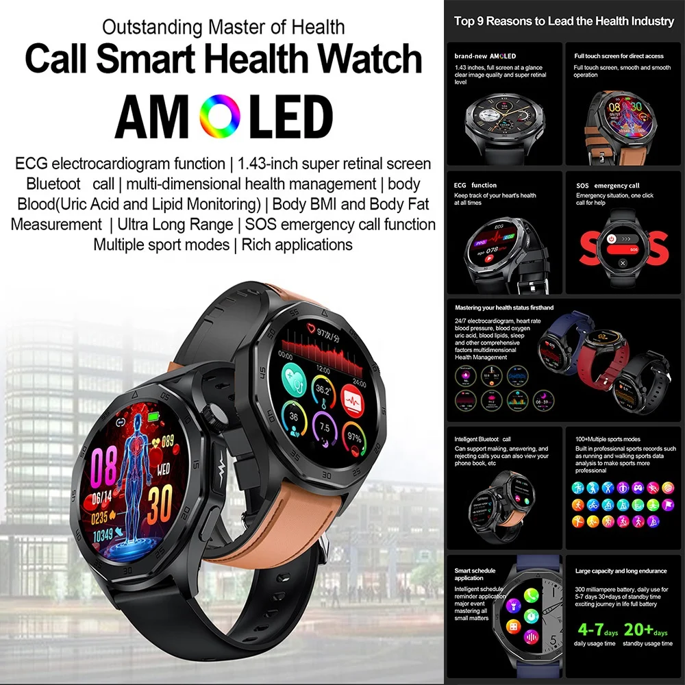 pouces rond AMOLED écran BT SOS appel ECG sang acide urique