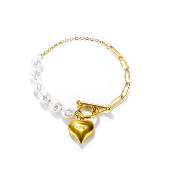 INS Korean Gold Plated Stainless Steel Heart Bracelet Irregular Baroque Pearl Love Heart Pendant Bracelet For Women Girl