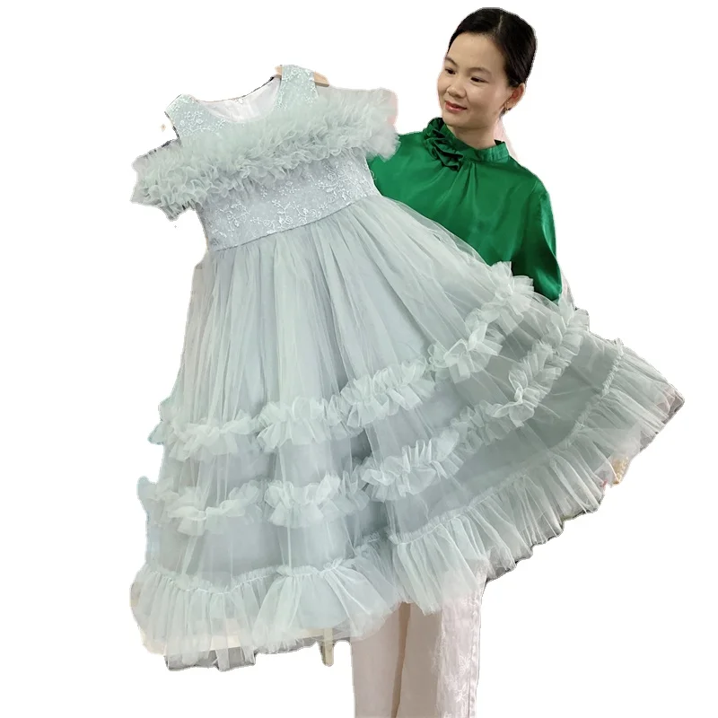 green emerald velvet dress Baby Girl Flower Embroidered Pattern Vest Formal Dress Birthday Dress   MyKids-USA