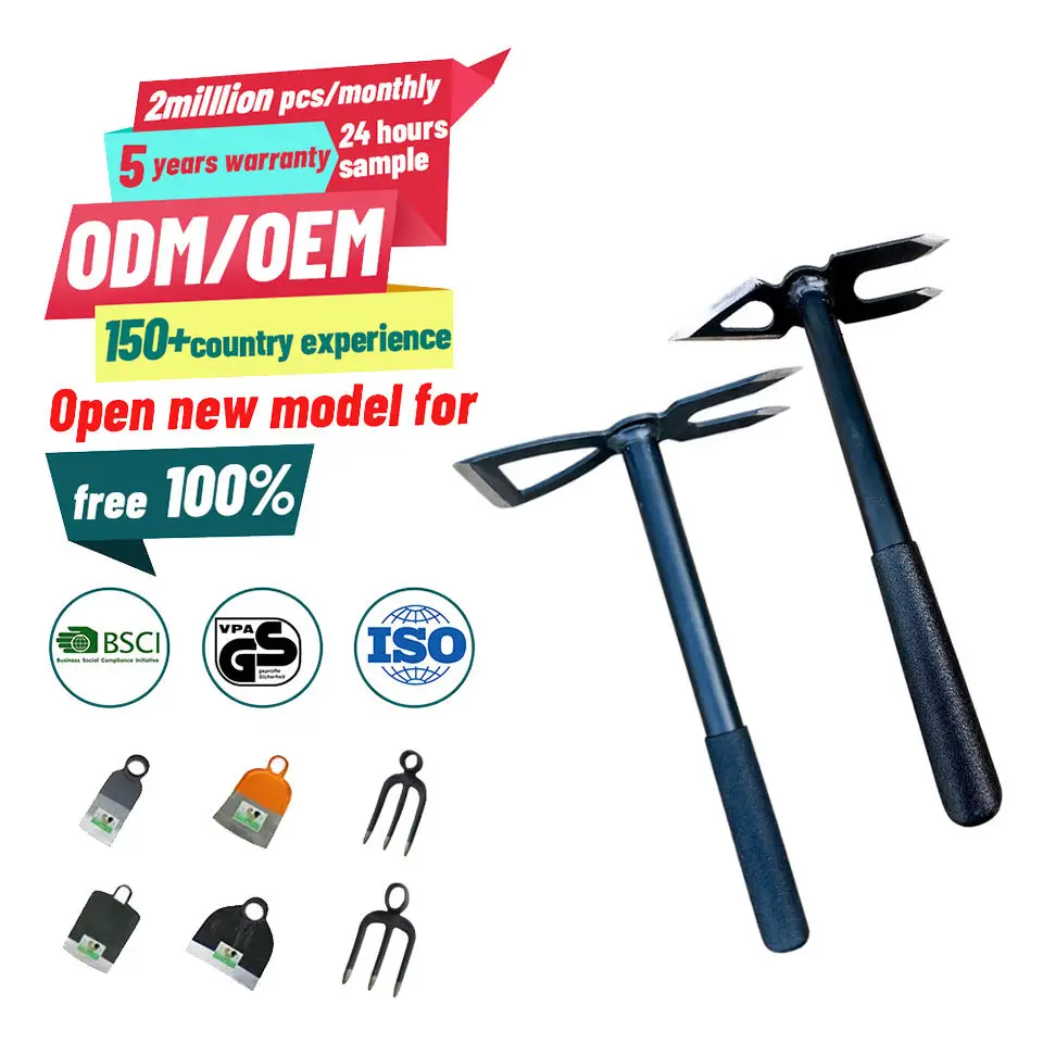 Monitoiminen mukautettava maatalous- ja puutarhakäyttöön tarkoitettu käsin käytettävä työkalu pieniin puutarhoihin: rautainen kaksihalkoinen harakka teräksisellä varrella