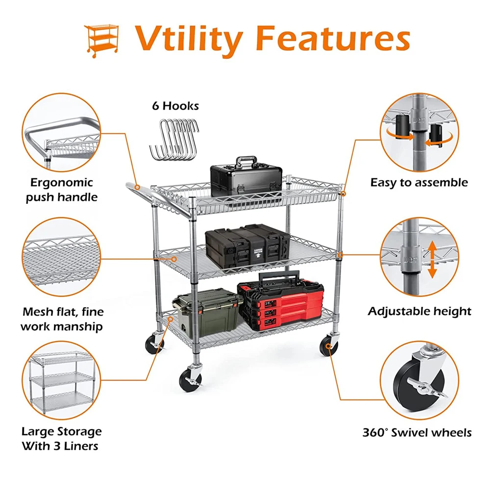 3 Tier Rolling Utility Cart, Kitchen Metal Utility Carts with Handle Bar Commercial Grade Wire Shelving Storage Cart
