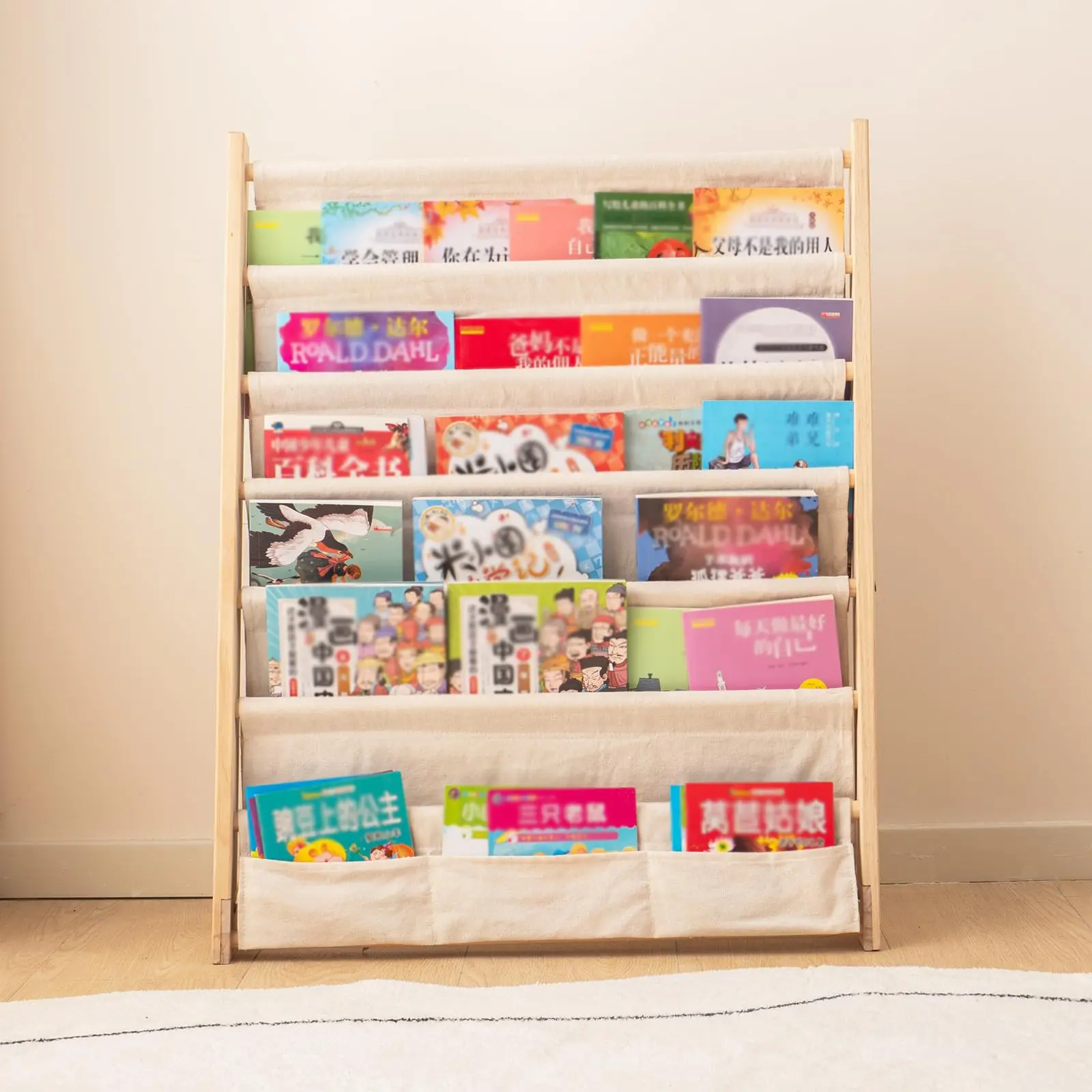 Bamboo Bookrack Canvas Book Storage Shelf Display Bookshelf 6 Tier Kids Book Rack for Bedroom Living Room