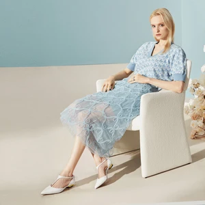 Women's Four-Season Fashionable Low-Heeled Shoes Black Patent Leather with Stiletto Heel & Metal Decor New Four-season Flat Heel