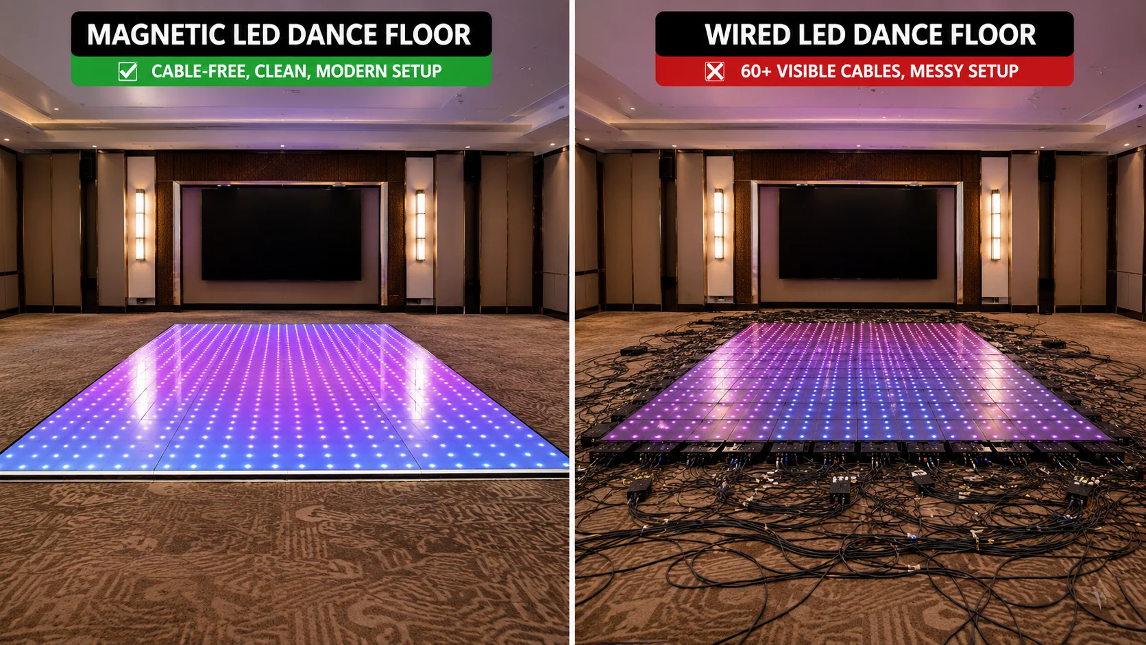 Side-by-side comparison of magnetic LED dance floor setup versus traditional wired setup with visible cables