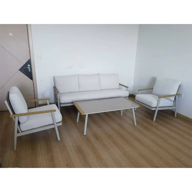 Chic Light Gray Upholstered Aluminum Sofa Set with Plastic Wood Accents Perfect for Stylish Outdoor Living