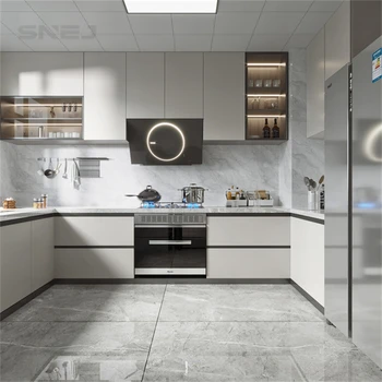 SNEJ Modern U-Shaped Complete Kitchen Cabinets Set with Faucet & Sink Ready-to-Assemble Custom Cabinets with Handles