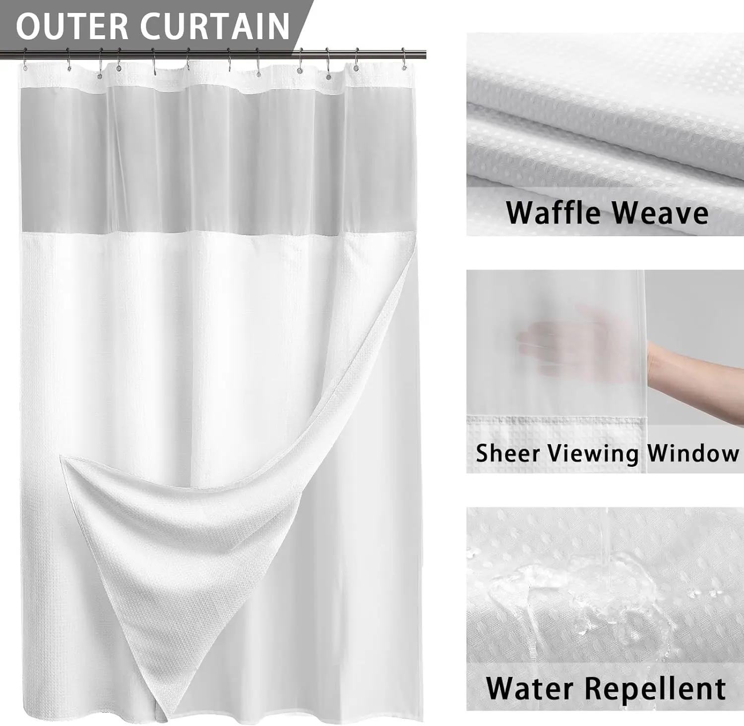 Luxury Hotel Waffle Polyester Fabric Hookless Shower Curtain Waterproof