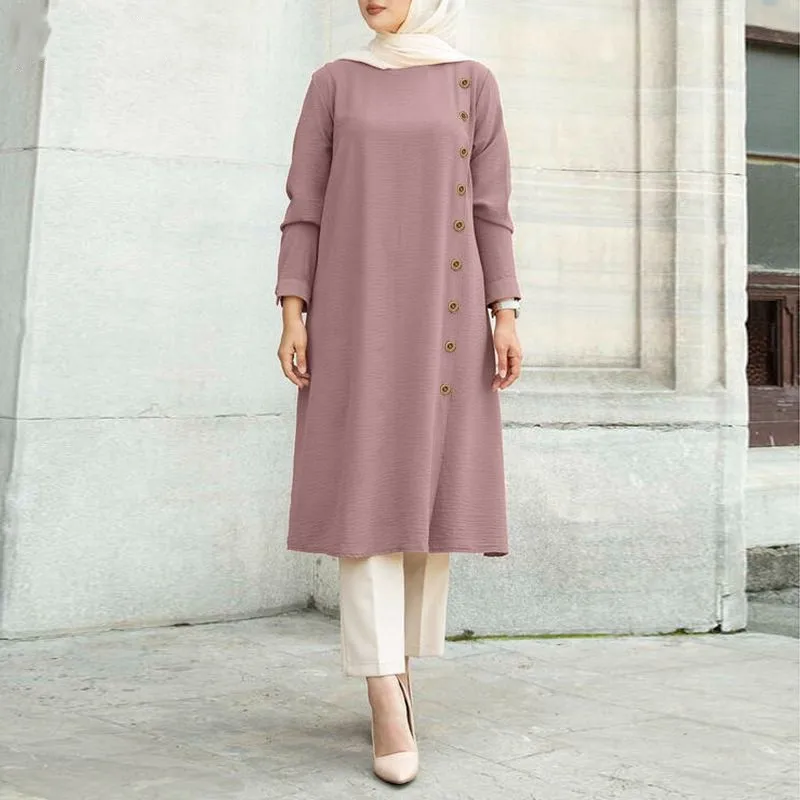 Wholesale Casual Women Muslim Blouse Modest Muslimah Malaysia Blouse 5xl Plus ize Muslim Tunic Tops Casual Long leeve Pleated Muslim Dress Button