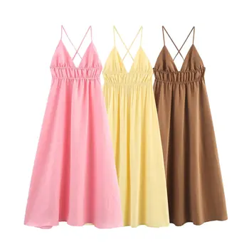 3 Colorway Solid Color Spaghetti Strap Smocked Hot Sale Casual Fashion Midi slip Dress for Women