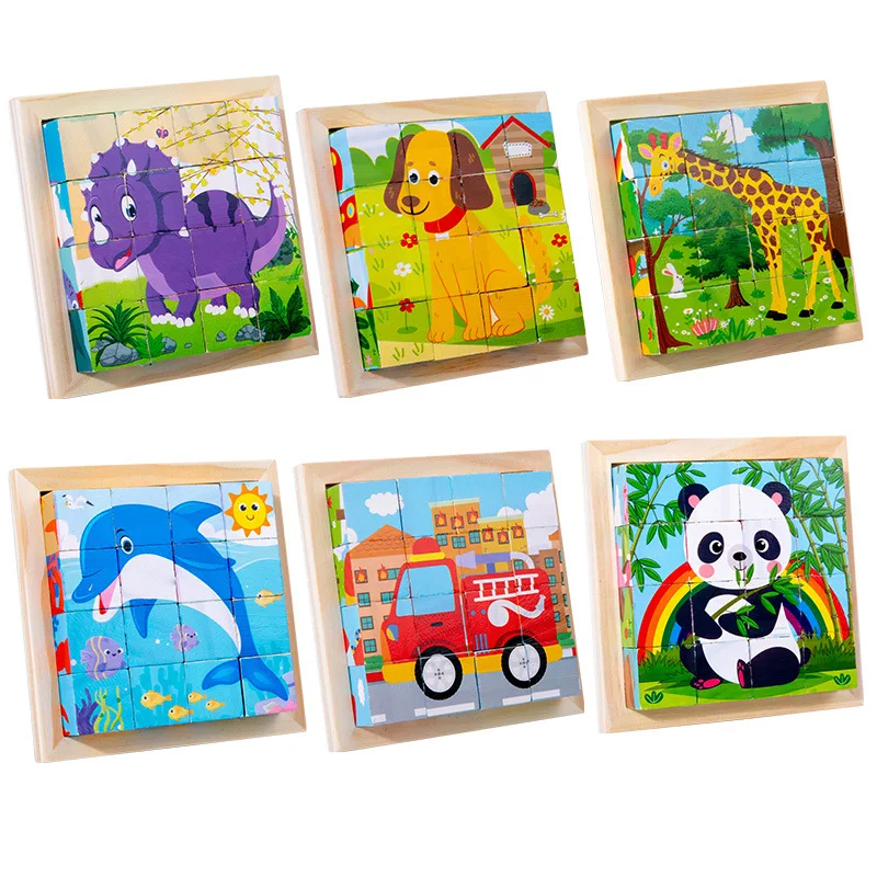 Best Selling Wooden Six-sided Cube Puzzle Transportation Animal Wooden Cube Puzzle Assembling 3d Wooden Puzzle Cube