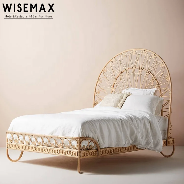 WISEMAX FURNITURE Nature Simple Style King Bed Room Furniture Rattan Wooden Bed Design Bedroom Set Furniture