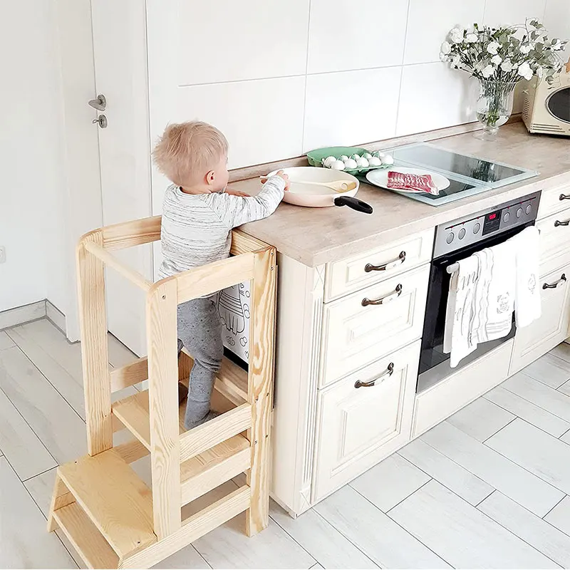 
Natural Wood Kitchen Step Stool toddler Tower Transform Table & Chair Montessori Learning Tower Tower with Blackboard for kids 