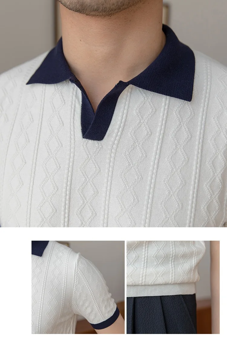 Summer breathable color matching fashion men's Polo shirt V lapel elastic jacquard texture slim short sleeve knitting