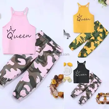 J&H 2022 new arrivals fashion kids clothing 2 piece cute tank tops and camo pants toddler girls clothes sets summer outfits