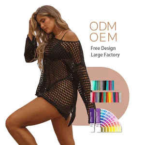 Solid Color Eco-Friendly Spandex/Polyester Beach Dress Sexy Crochet Cover-up Long Sleeves Hollow Sarong-1 Piece One-Piece Style