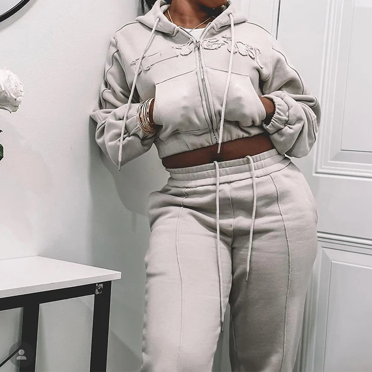 Women Vintage Sweatsuits Set Custom Distressed Embroidery Terry Tshirt