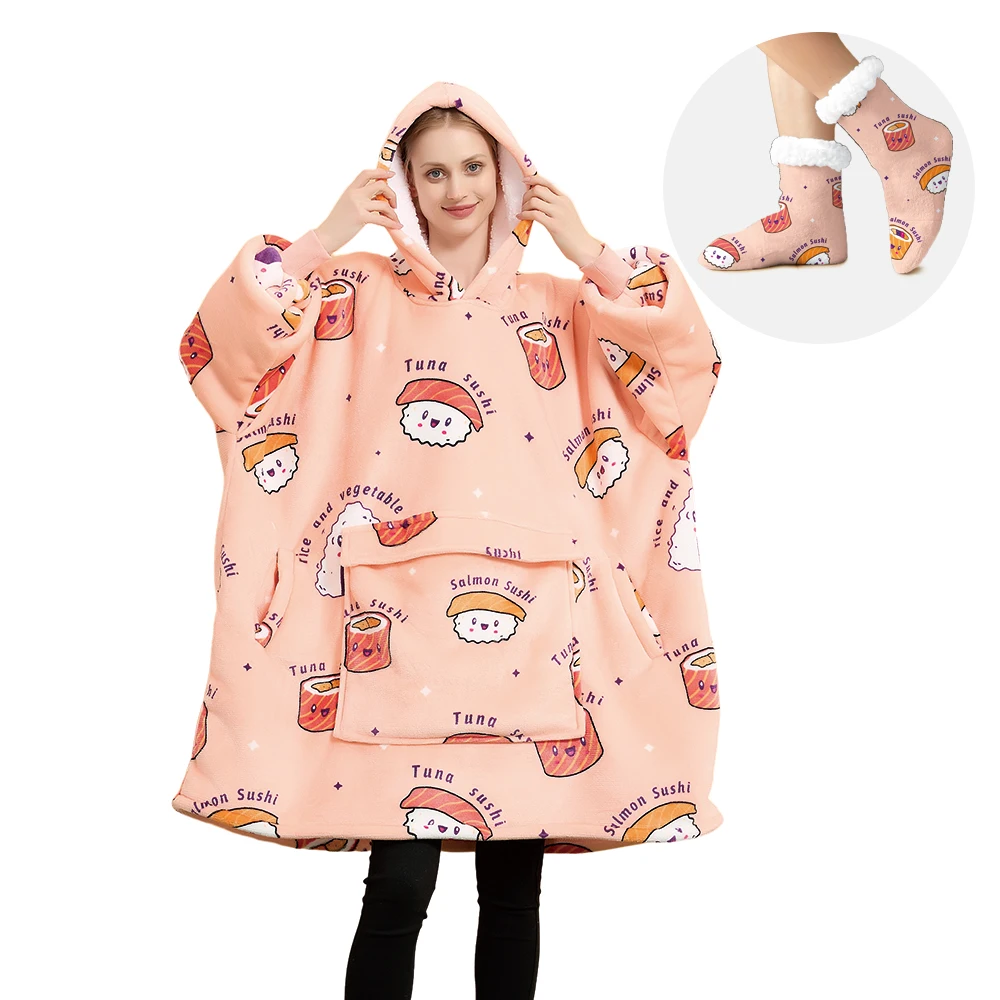 Custom Oversized Wearable Sweatshirt Hooded Blankets with Matching Socks