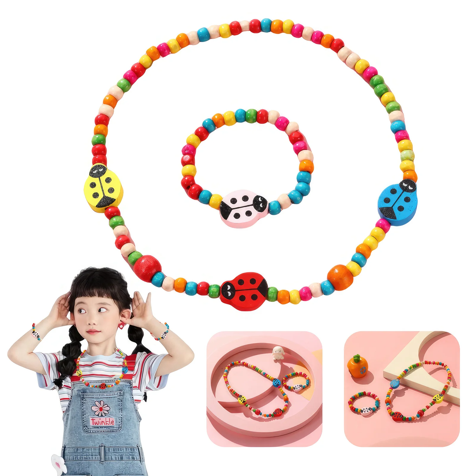 Ladybug Kids Jewelry Set Lovely New Fashion Acrylic Pendant Necklace and Bracelet Set for Girls