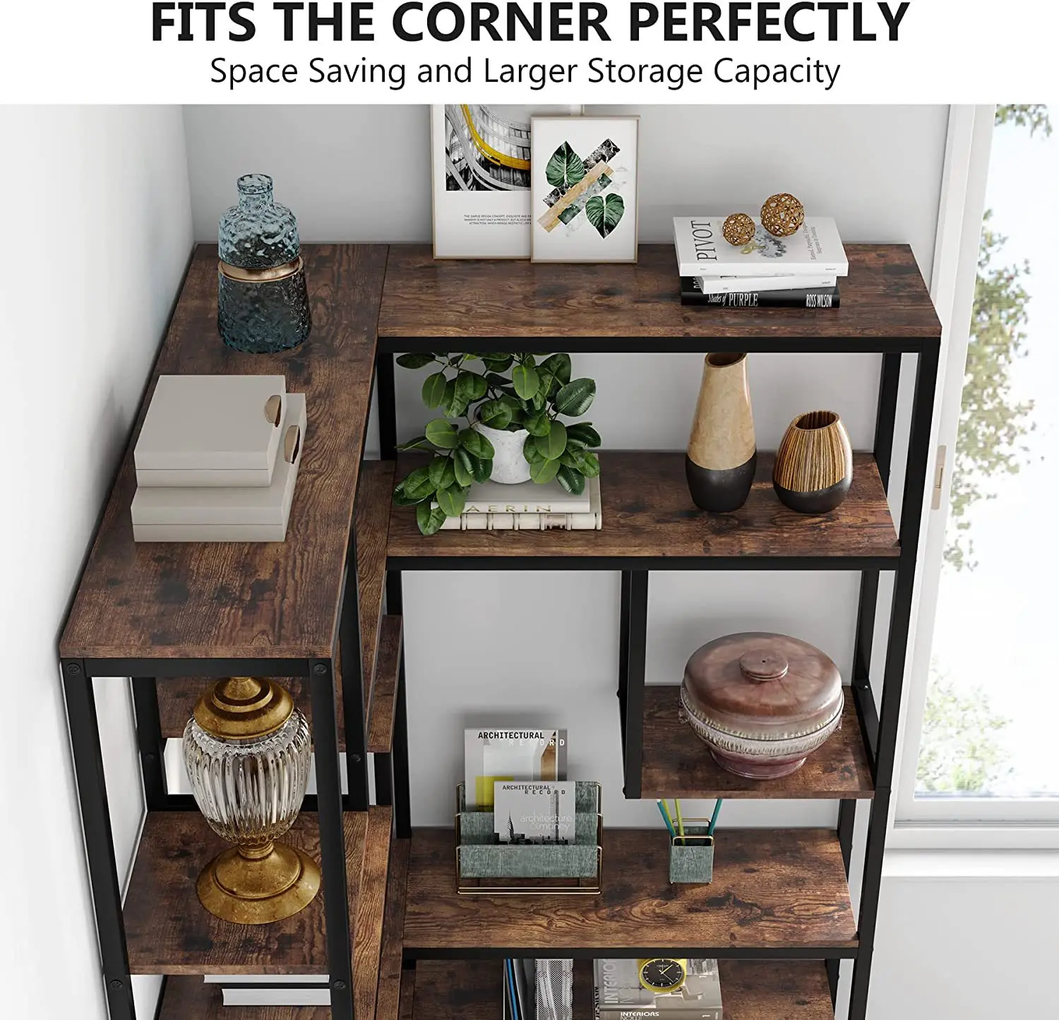 6-Tiers MDF Corner Bookshelf, Industrial Style Metal Frame Bookcase for ...