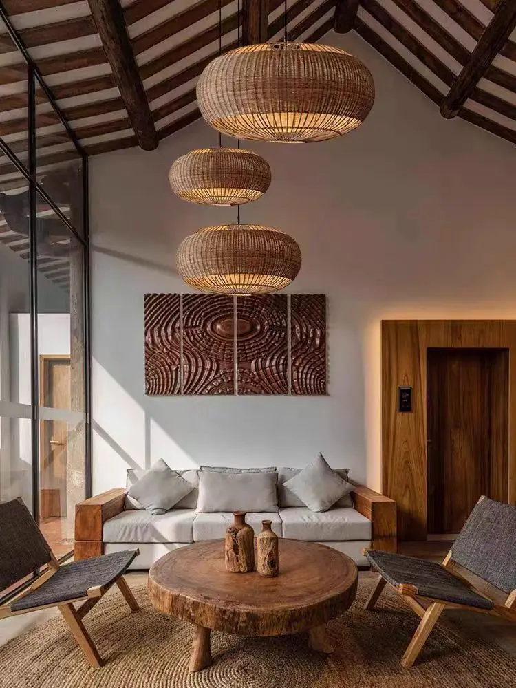 Ip65 Waterproof Rattan Woven Pendant Lamp Aluminum Led Light Source for Outdoor Garden Courtyard Hotel Home Stay for Lawn