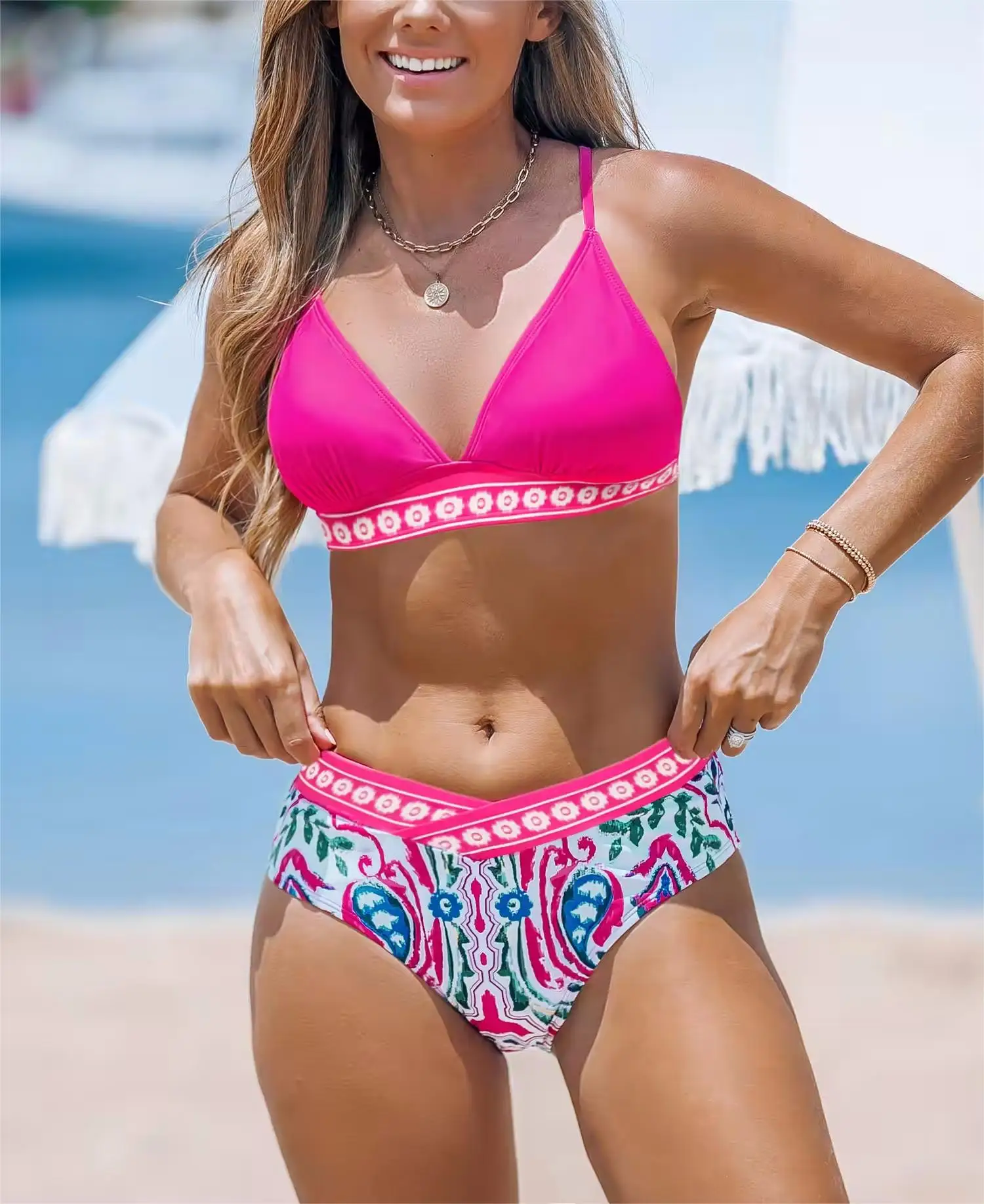 Popular Swimsuits Custom Swimsuit With Logo Pink Plunging Bikini Top & Standard Boho Bottoms Set Swimwear Beachwear Swim Suits