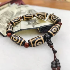 Vintage Natural Stone Beaded Bracelet Xizang Dzi Agate Elastic Rope Anniversary Gift for Unisex