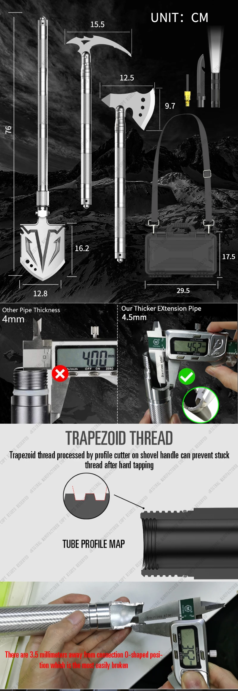 Adjustable Survival Shovel Axe Combos Kit Multitool Camping Tool Axe