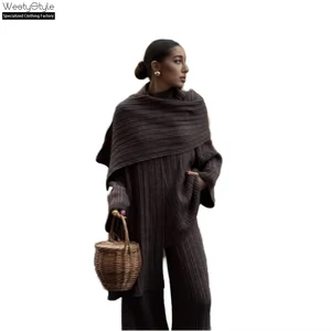 Autumn New Fashion Women's Club Set Boutique Wholesale ELEGANT O-Neck Knitted Sweater Wide Leg Pants Solid Pattern Daily