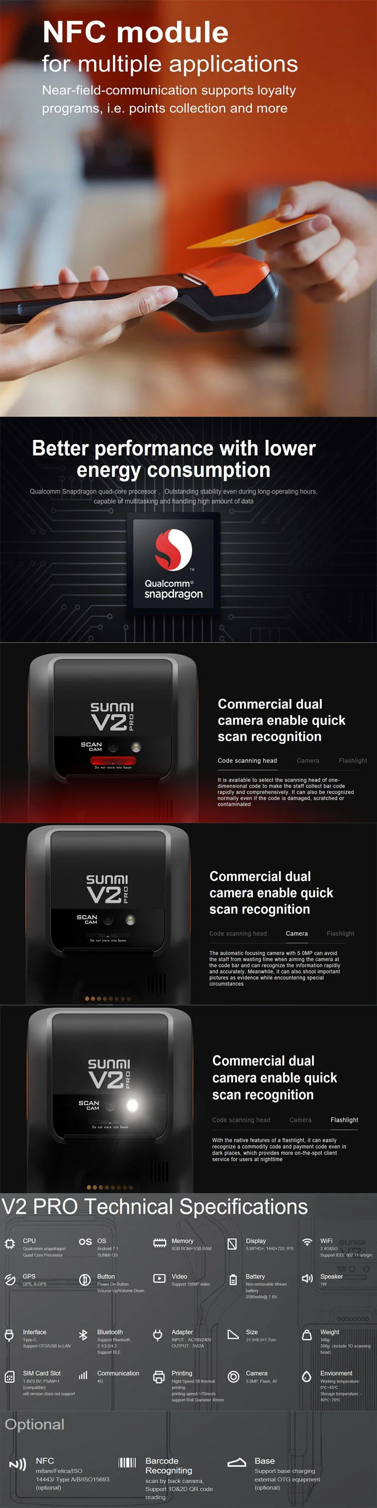 Sunmi V2 Pro Android System 1D 2D NFC POS Handheld Terminal Sunmi V2 Pro Receipt Label Printing Scanner