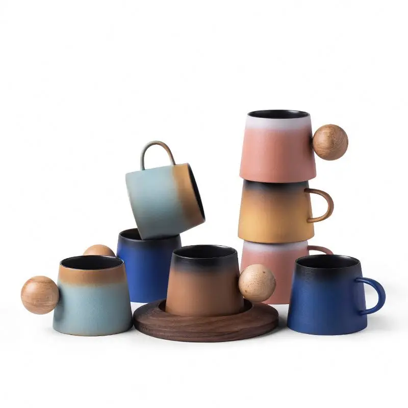 200ml Gradient Porcelain Mug Ceramic Coffee Cup and Wooden Saucers With Round Shape Wooden  Ball Handle
