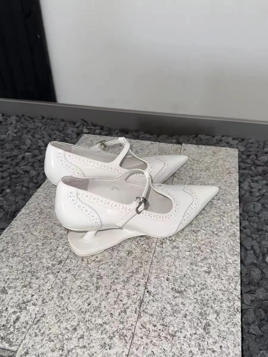 Fashion Pointed Toe T-shaped Carving Mary Jean Wedge Heel Lady Pu Leather Women High Heels Pumps - Image 6