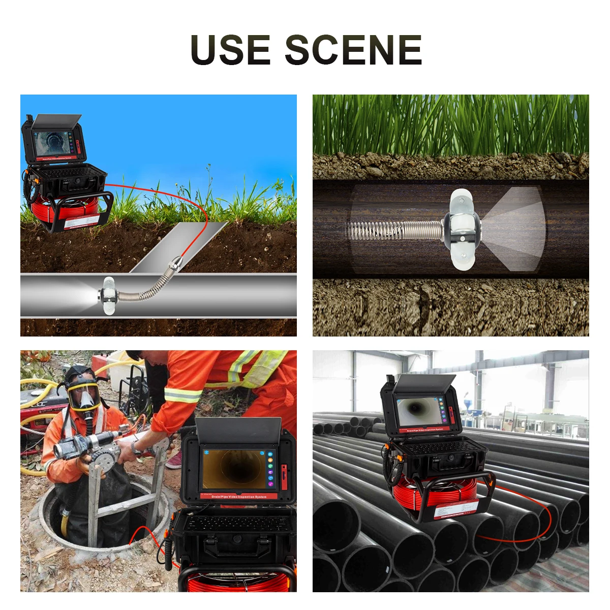 Sewer Inspcetion Camera 512HZ Sonde/Transmitter+Locator/Receiver, Drain Camera with 10.1inch 1080P Touch Screen Meter Counter 16GB Audio+Video for Pipes Inspection manufacture