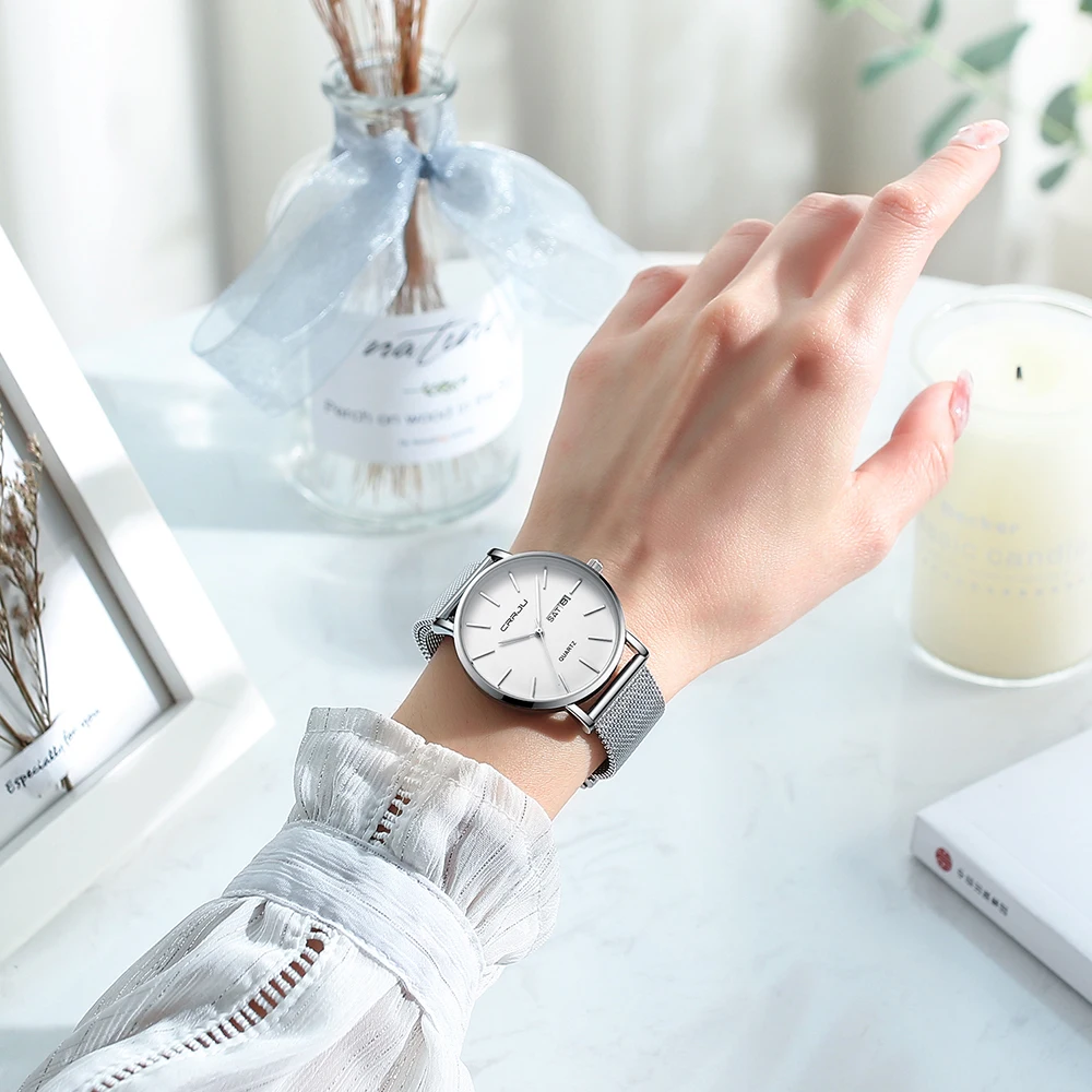 CRRJU Original Factory Waterproof Minimal Design Japan Movement Ladies Silver White Watch