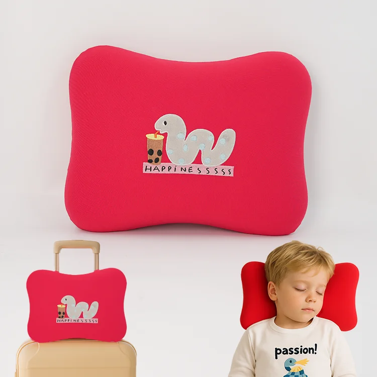 Portable Car Travel Pillow Red Rebound Memory Foam with Removable Bone Shaped Neck Rest Washable for Camping and Sleeping