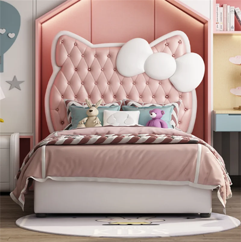 Cute Pink Leather Headboard Single Bed Children's Bed Princess Design