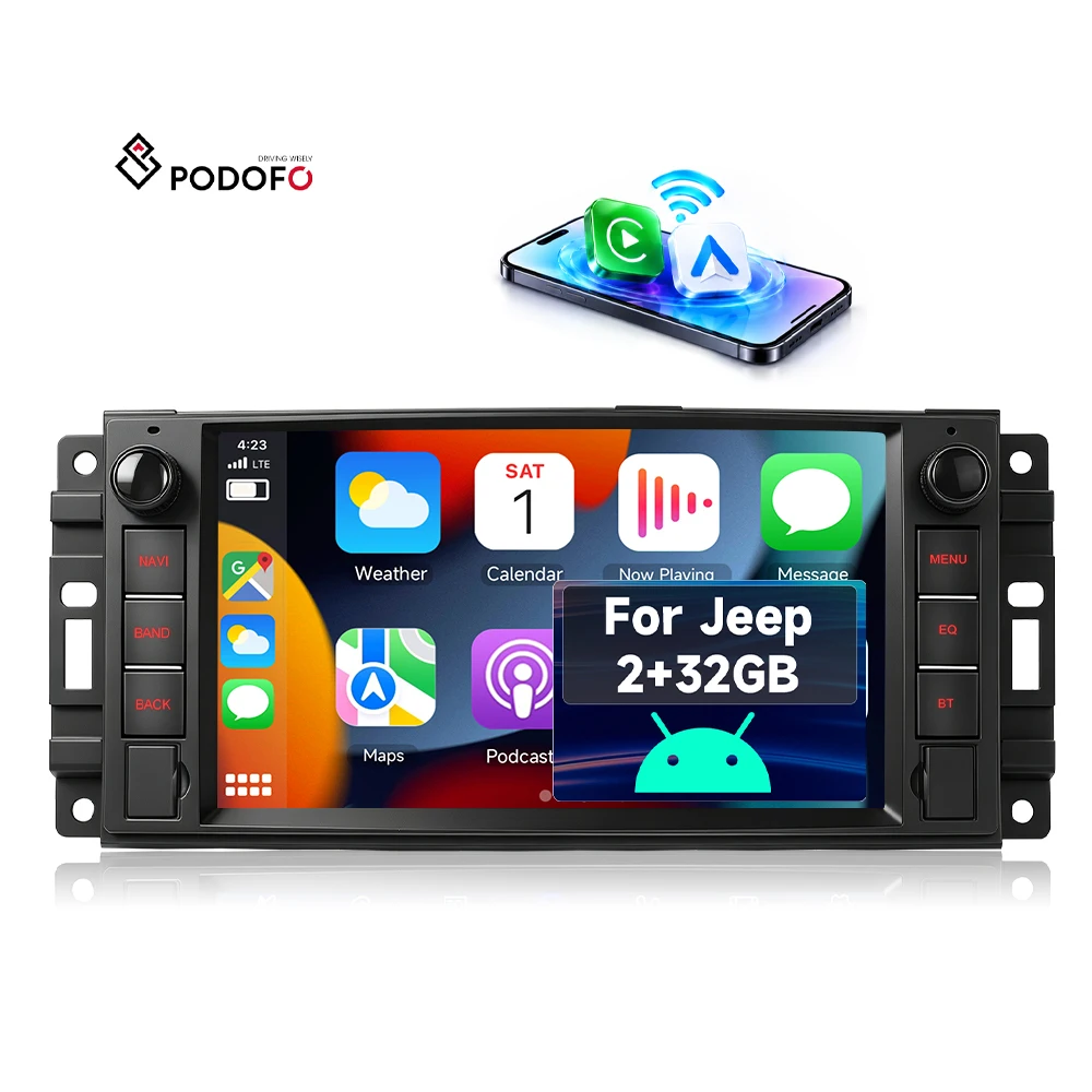Podofo Car Radio for Jeep Chevrolet Chrysler Dodge 7 Inch Android Head Unit Wireless CarPlay Android Auto GPS WiFi 2+32G Factory A4788